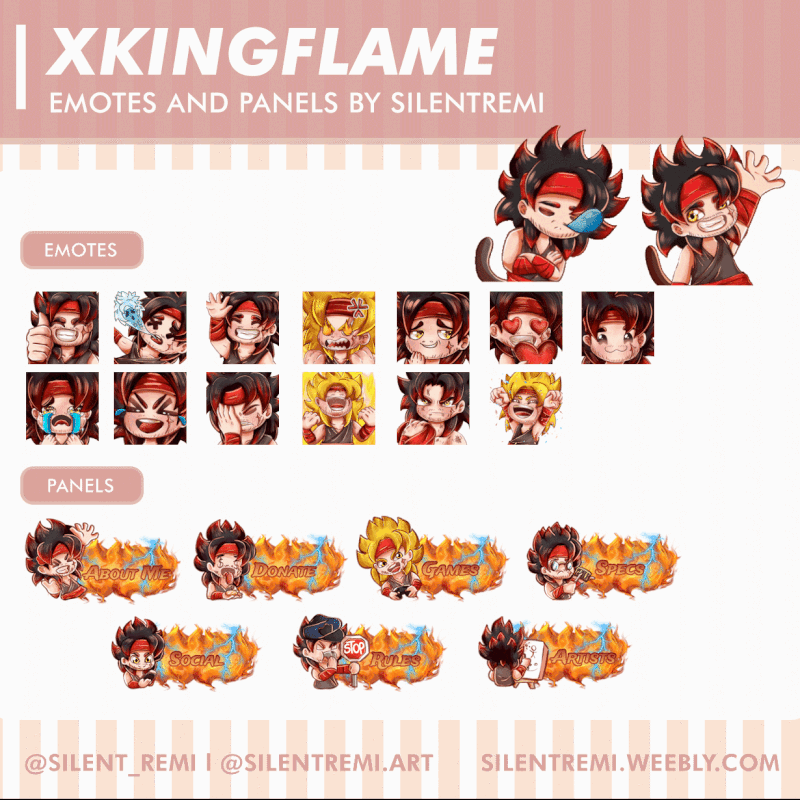 xkingflame emotes and panels for twitch streaming and animated alerts for overlay